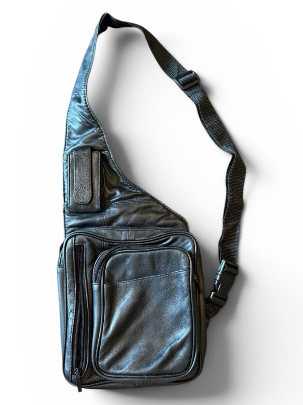 Black Leather Sling Bag Crossbody ChestMulti-Pocket Travel Bag 9" x 8.5"